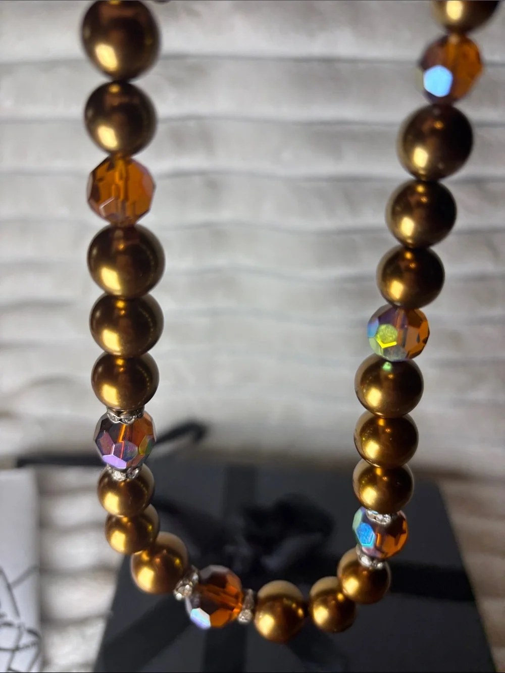 Vintage Bead Faux Pearl Necklace Iridescent Brown Gold Bronze Color 16”